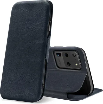 A dark blue flip case for a Samsung Galaxy S20 Ultra phone is shown with the phone partially inserted.