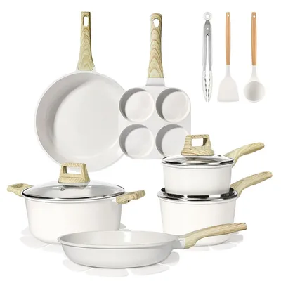 Immagine prodotto di Set da cucina da 17 pezzi, composto da pentole e padelle con rivestimento antiaderente, adatto a tutti i tipi di fornelli, colore bianco