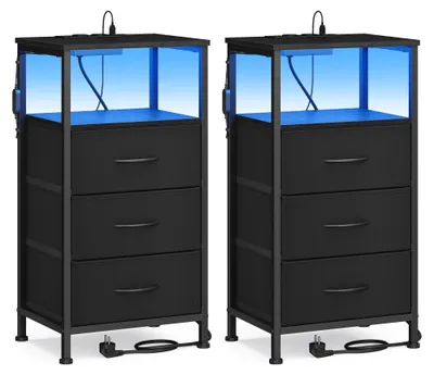 Image de SONGMICS, ensemble de 2 tables de chevet, avec prise électrique, éclairage LED et 3 tiroirs