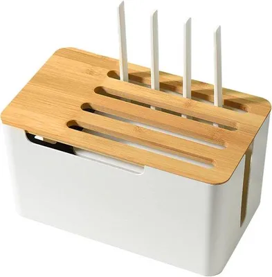 Produktbild von Famanu Kabelmanagementbox mit Holzdeckel und Regal - 31 x 18 x 16,5 cm - weiße Kabelbox für Büro und Wohnzimmer