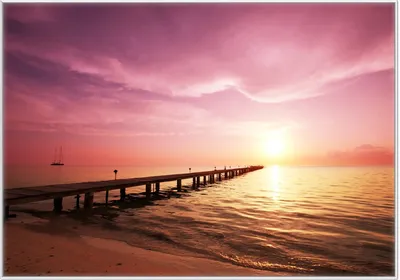 Produktbild von Wallario Wandbild Auf dem Weg zur Sonne  Steg am Meer, Größe: 70,30 x 100,30 cm, Poster mit weißem Kunststoffrahmen