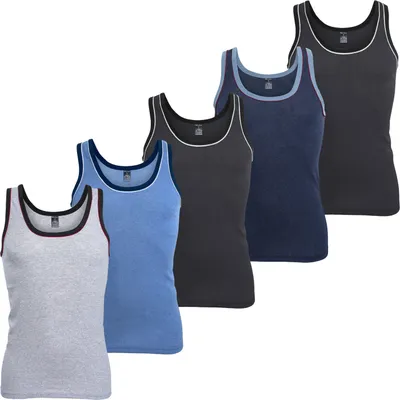Produktbild von MT Herren Melange Tank-Top (5er Pack) Baumwoll Feinripp Unterhemden ärmellos - 5farb-Pack mit Blau 6(L)