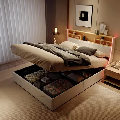 Image de Lit double rembourré 160 x 200 cm - Avec éclairage LED et espace de rangement