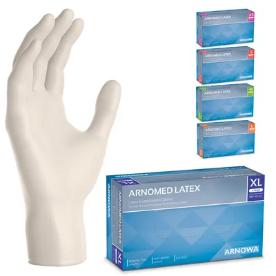Produktbild von ARNOMED Gummihandschuhe Beige, Einweghandschuhe 100 Stk., Latex Handschuhe XS-XL, Einmalhandschuhe Puderfrei - Gr. XL