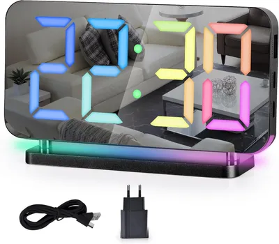 Zdjęcie produktu dla Budzik nocny, 7,4-calowy zegar LED z lustrem, lampka nocna RGB z 10 trybami, 11 kolorów, automatyczna regulacja jasności, port ładowania USB-C, zegar biurkowy do sypialni