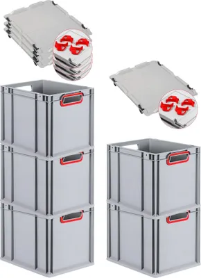 Produktbild von SparSet 5x Eurobox NextGen Color mit Auflagedeckel und Schiebeschnappverschlüsse | HxBxT 32x30x40cm | 30 Liter | Grau | Griffe rot offen | Glatter Boden | Eurobehälter, Transportbox, Transportbehälter, Stapelbehälter