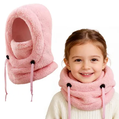 Immagine prodotto di Cappuccio termico in pile per bambini, marca Kinder, adatto per età 3-10 anni, colore rosa, regolabile, antivento e caldo
