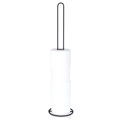 A black metal toilet paper holder with three rolls of toilet paper stacked on it, set against a white background.