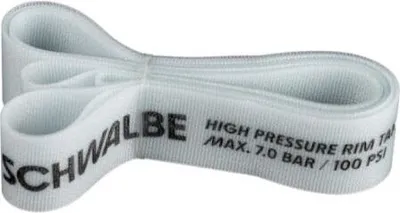 A white rim tape with black text, coiled and presented on a white background.