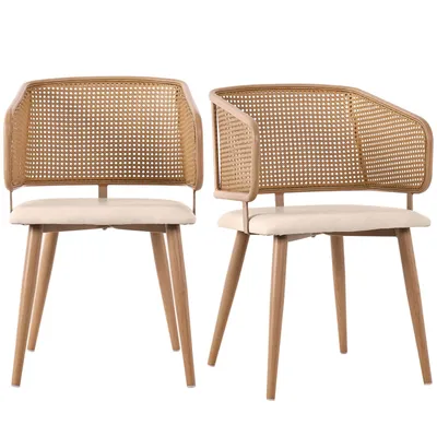 Produktbild von 2 Esszimmerstühle,Esszimmerstühle mit Rattan-Rückenlehne,Sitzkissen aus Kunstleder,bequem und atmungsaktiv,moderner und einfacher Stil