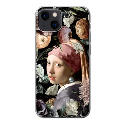 Produktbild von MuchoWow® Handyhülle Schutzhülle Hülle für iPhone 13 mini Mädchen mit Perlenohrring - Blumen - Vermeer - Pastell - Kunstwerk - Gemälde - Alte Meister Silikon Softcase Handy Hülle - Softcase
