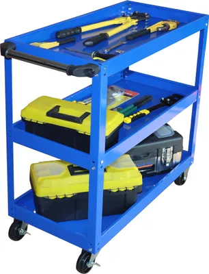 Zdjęcie produktu dla Wózek warsztatowy Relaxdays, wózek narzędziowy z 3 półkami, mobilny wózek montażowy, nośność do 100 kg, wys. x szer. x gł.: 76 x 35 x 78 cm, niebieski