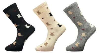 Produktbild von Damen Thermo Alpaka-Woll-Socken mit Katzenmotiv im 3er Pack , Farbe:Grau, Größe Socken & Strumpfhosen Erwachsene:39-42