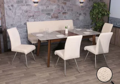Produktbild von Esszimmer-Set HWC-G55, 4er-Set Stuhl + Sitzbank 180cm, Edelstahl gebürstet Stoff/Textil Chenille  creme
