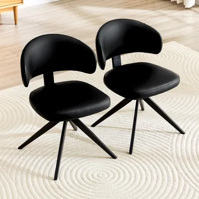 Productafbeelding van Eetkamerstoelen, set van 2, gebogen rugleuning, Polyurethanbekleding, metalen frame, draaibaar (zwart)
