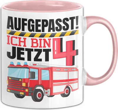 Produktbild von 4. Geburtstag Geschenk Tasse Becher Jungs Feuerwehr Aufgepasst Ich Bin Jetzt 4 (Rosa)