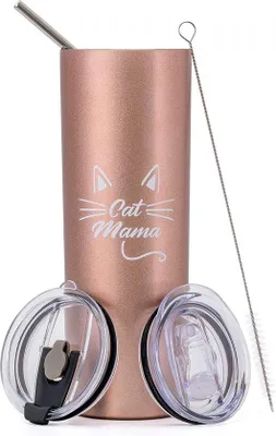 Produktbild von Geschenkbecher für Frauen, Muttertag, Geburtstag, Reisebecher für Katzenliebhaberinnen, 20 oz, doppelwandig, Tumbler, Campingbecher mit Grasstange und Deckel