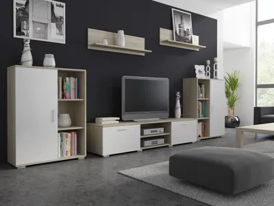 Produktbild von Per La Vita Wohnwand Herkules Sonoma - Weiß  Schrankwand Wohnzimmer Modern, Wohnzimmerschrank mit Hängeschrank, , Sideboard und Wandregal, Wohnzimmer