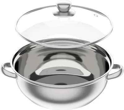 A stainless steel pot with a glass lid.