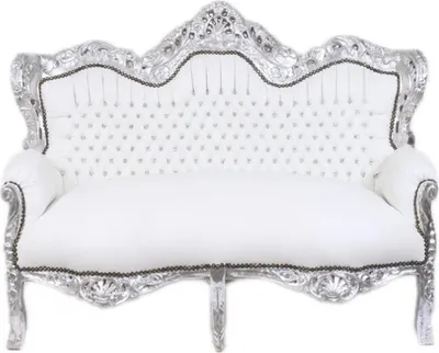 Produktbild von Barocksofa Barock Sofa Armlehne 2 Sitzer Weiß Silber Kunstleder Esszimmer Wohnzimmer Büro Flur Klassisch Barock Premium Luxus Modern Retro Royal Antik