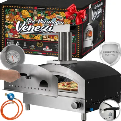 Produktbild von Heidenfeld Gas-Pizzaofen Venezia - Outdoor Gas Pizzaofen - Sichtfenster - Bis 500°C - Edelstahl-Schlot mit Regenschutz - Thermometer - Pizzastein aus Cordierit - Rostfreier Edelstahl
