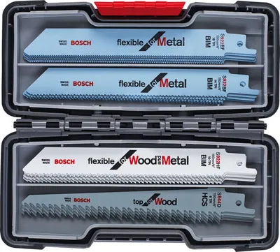 A set of Bosch reciprocating saw blades in a gray plastic case.