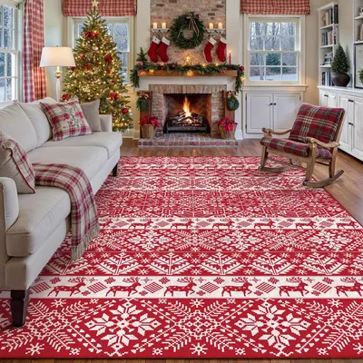 Image de Tapis de Noël lavable, dimensions 200 x 300 cm, motif flocons de neige