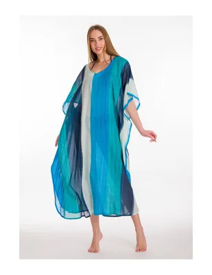 Produktbild von Boho Maxikleid I Kaftan I Freizeitkleid I Hauskleid I gestreift– blau -türkis-weiß I Baumwolle bis 3XL mit V-Ausschnitt
