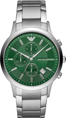 A close-up, studio shot of a men's chronograph watch with a green dial and silver metal band.