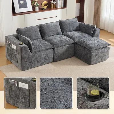 Produktbild von LVHOM Modulsofa 3-Sitzer Chenille, L-Form Wohnlandschaft mit Getränkehalter & Seitentaschen, Big Sofa Couch, 256cm, Dunkelgrau