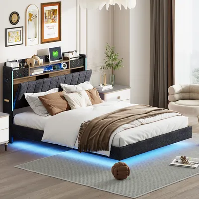 Produktbild von Sweiko Polsterbett 140*200 mit LED-Beleuchtung und USB-Steckdose, Kopfteil mit Stauraum, Schwebebett Jugendbett Erwachsenenbett, Leinenstoff, Grau