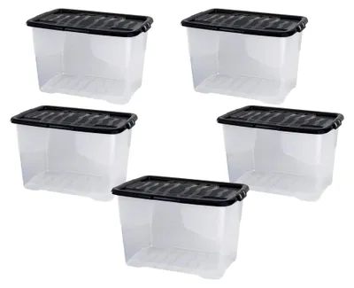 Produktbild von 5 x 65 l Kunststoff-Aufbewahrungsbox mit schwarzem Deckel – stapelbarer, transparenter und robuster Behälter für Zuhause und Büro (41 cm H x 39 cm B x 60 cm T)