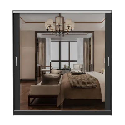 Produktbild von Schwebetürenschrank TOKYO M, Schlafzimmer Kleiderschrank Schrank 203 cm Schwarz/Schwarz mit Spiegel, alufarbene PVC-Griffe