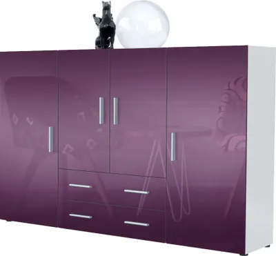 Produktbild von Vladon Highboard Nora Anrichte mit 2 Schubladen und 4 Türen mit insgesamt 8 Fächer dahinter, Weiß matt/Brombeer Hochglanz (166,5 x 106,5 x 35 cm)