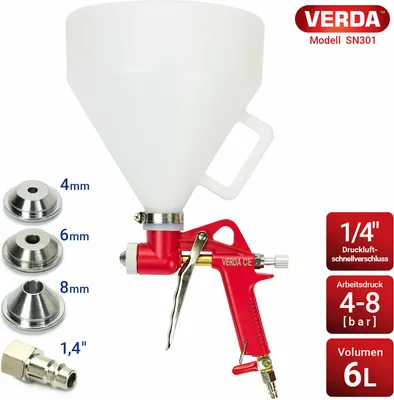 Produktbild von Trichterpistole 6L mit 3 Düsen: 4 mm, 6 mm & 8 mm und Druckluftschnellverschluss 1/4", Arbeitsdruck: 4 bis 8 bar, Putzlackierpistole Putzpistole
