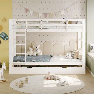 Image de ProximaX lit d'enfant 90x200cm, lit superposé, lit mezzanine avec escalier, lit d'adolescent avec sommier à lattes et 2 tiroirs, lit superposé en bois massif, blanc