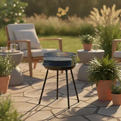 Produktbild von Kompakter Holzkohle Standgrill Grau 33 cm Durchmesser für kleine Grillrunden