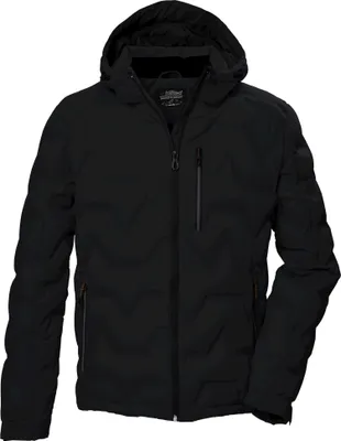 A black hooded jacket is shown against a white background.