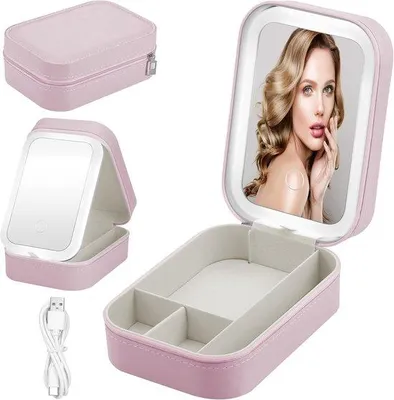 Zdjęcie produktu dla Kosmetyczka podróżna z lusterkiem LED, 3 tryby oświetlenia LED, przenośna organizer do makijażu, kosmetyczka, organizer na biżuterię dla kobiet