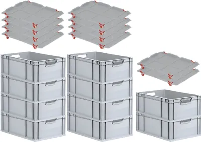 Produktbild von SparSet 10x Eurobox NextGen Economy mit Auflagedeckel und 4x Schiebeschnappverschlüsse Rot | Griffe offen | HxBxT 22x40x60cm | 44 Liter | Eurobehälter, Transportbox, Transportbehälter, Stapelbehälter