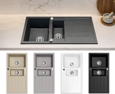 Produktbild von Faizee Home | Granitspüle Napoli Schwarz Gesprenkelt 100 × 50 cm – eckige Einbauspüle mit Haupt- und Zusatzbecken – beidseitig montierbar inkl. Siphon-Set