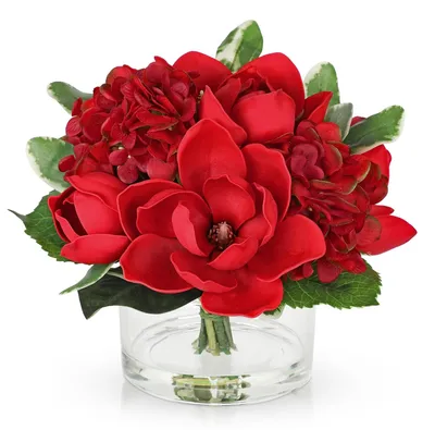 Künstliche Hortensie & Magnolie in Glasvase, 24 cm, rot