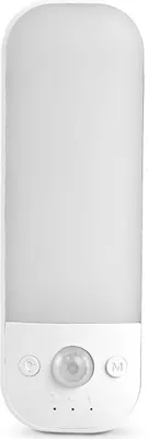 A white LED night light with a motion sensor and buttons on the front.