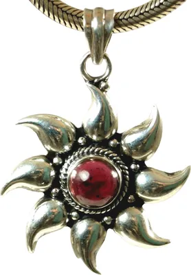 Produktbild von Ethno Silberanhänger, Indischer Sonnenanhänger - Granat, Rot, SterlingSilber, Anhänger & Amulette aus Silber