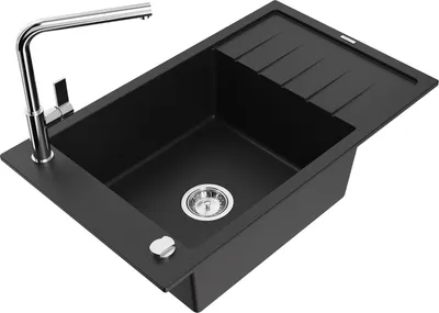 Produktbild von Mexen Elias 1 Becken-Granitspüle mit Abtropffläche und Mischbatterie Flora, Schwarz - 6511-77-670401-00