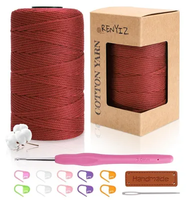 Obrázek produktu pro Příze na háčkování pro tašky, tloušťka 2,5 mm, váha 250 g, délka 210 metrů, bavlněná příze, barva: červená, včetně háčku