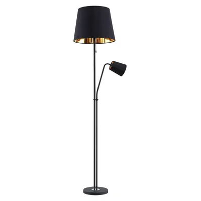 A black and gold floor lamp with a reading light.