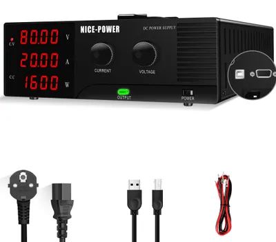 Immagine prodotto di Alimentatore DC industriale regolabile, da 0 a 80V, da 0 a 20A, con una potenza di 1600W, ideale per test di motori e batterie