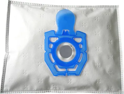 A vacuum cleaner dust bag with a blue plastic adapter.