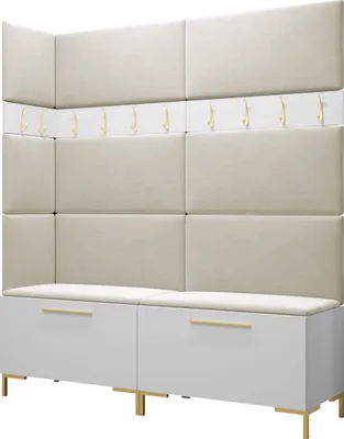 Produktbild von MIRJAN24 Garderoben-Set Zilion V, Garderobe mit 8 Stück Gepolstertes Wandpaneel Pag 84x42 und 3 Stück 42x42 (Weiß + Gold, Manila 02)